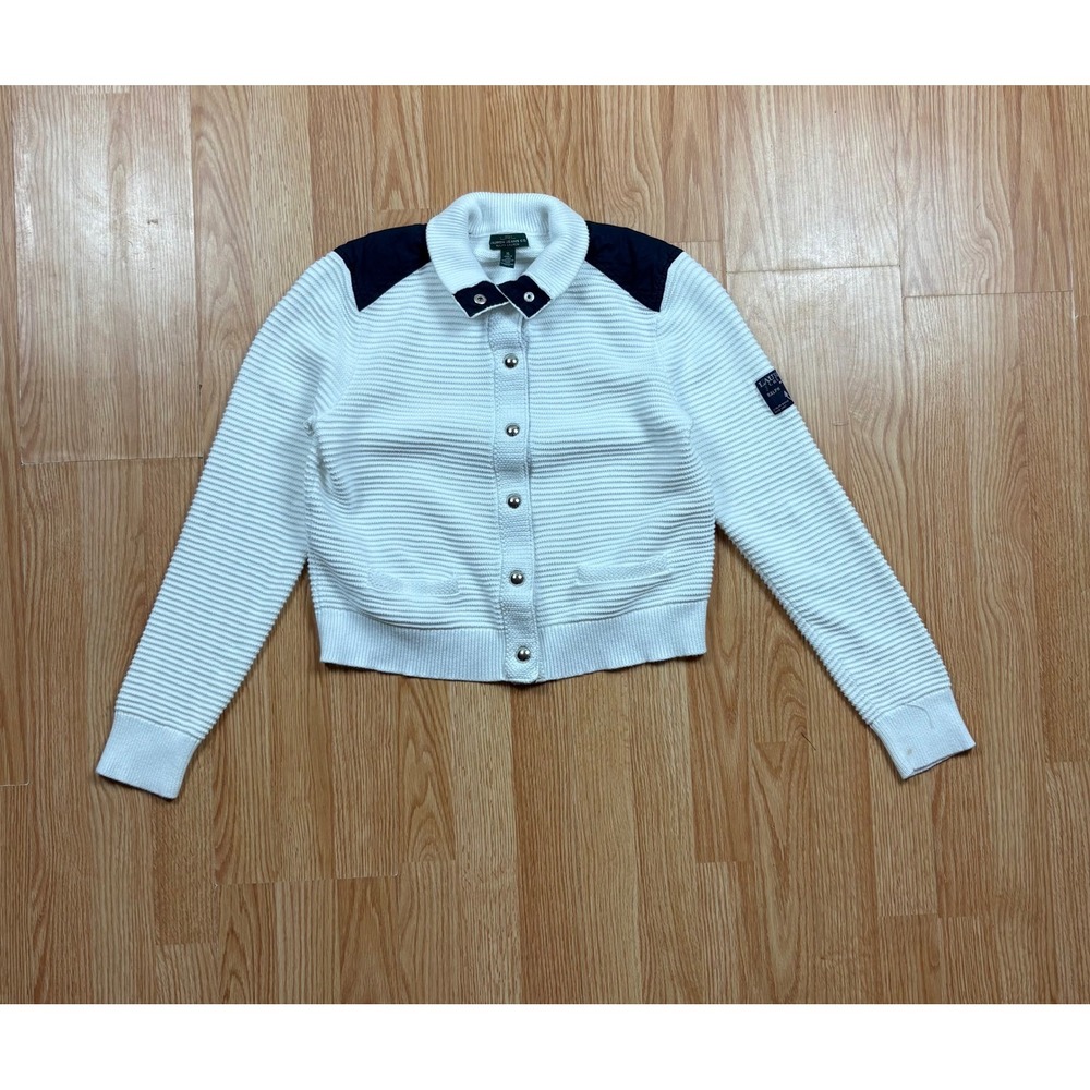 Lauren Ralph Lauren White Ribbed Knit Snap Front Cardigan Navy Patches XL